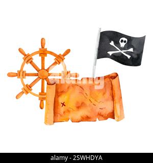 Roue de navire, carte au trésor et drapeau corsaire, évoquant l'esprit de l'aventure maritime. Cette illustration aquarelle est parfaite pour un décor sur le thème des pirates Banque D'Images