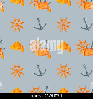 Un design inspiré du boucanier avec une roue de navire, une ancre, une carte au trésor et des richesses dorées, incarnant l'aventure en haute mer. Ce motif aquarelle est perf Banque D'Images