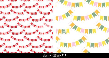 Motifs sans couture de guirlandes Pennant pâles monochromes rouges et multicolores. Ensemble d'idée de fond festif. Illustration vectorielle isolée cartes thématiques, affichage, blog ou web promo, bannières, étiquette de prix, étiquette Illustration de Vecteur