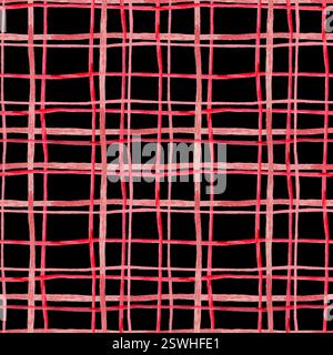 Modèle sans couture avec motif à carreaux rouge et rose peint à la main sur un fond noir. Idéal pour les textiles, papier d'emballage, papier peint et moderne Banque D'Images
