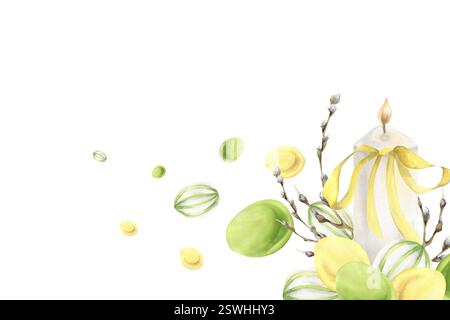 Bougie en cire blanche décorée d'un noeud jaune et d'un cadre aquarelle d'oeufs colorés. Bannière dessinée à la main avec espace de copie pour affiche à la maison, étiquette, logo, printemps Banque D'Images