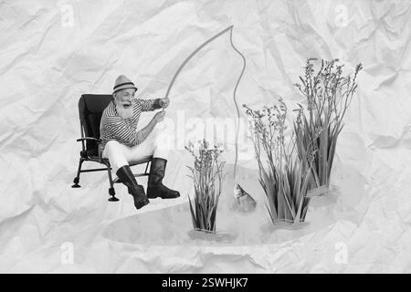 Dessin image collage graphiques de l'homme rigolo retraité ont plaisir pêche capture saumon du lac le week-end rural Banque D'Images
