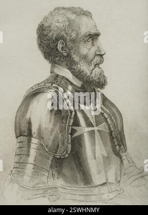 Jean de Valette (Jean Parisot de Valette) (v. 1494-1568). Noble français et Grand Maître de l'ordre de Malte. Portrait. Gravure. Lemaitre direxit. Histoire de Malte et Gozo, par Frédéric Lacroix. Panorama Universal, édition espagnole, imprimé à Barcelone, 1850. Banque D'Images
