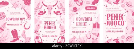 Ensemble de modèles d'affiches de fête roses sur le thème du Wild West avec des illustrations de cow-boy et de rodéo. Conception vectorielle de dessin animé pour la promotion de l'événement. Maquettes d'affiches pour Illustration de Vecteur