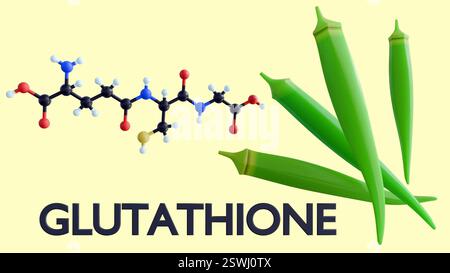 Un rendu 3D de gros plan, représentation stylisée des gousses de gombo et de la molécule de glutathion Banque D'Images