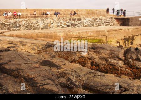 Vacanciers debout et assis sur New Pier, St Ives, Cornwall, Angleterre Royaume-Uni, bronzer et regarder la mer avec la rive rocheuse au premier plan Banque D'Images