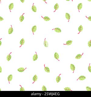 Falling Green Leaves avec des tiges roses sur un fond blanc, Cute Botanical et Eco-Friendly Vector Seamless Pattern Design pour les enfants papier peint et Illustration de Vecteur