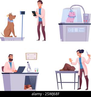 Expériences animales. Les scientifiques travaillant en laboratoire avec différents animaux illustrations de concept d'expériences vectorielles exactes dans le style de dessin animé Illustration de Vecteur