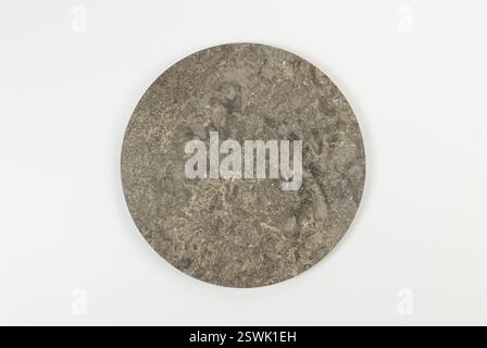 Vue de dessus de la plaque de marbre brun sur fond blanc. Présentation des aliments, plateau en pierre. Espace de copie, pose à plat. Banque D'Images
