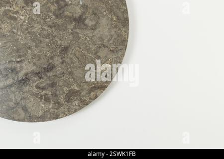 Vue de dessus de la plaque de marbre brun sur fond blanc. Présentation des aliments, plateau en pierre. Espace de copie, pose à plat. Banque D'Images