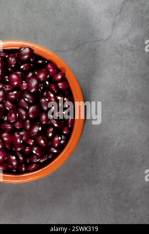 Bol en faïence plein de haricots rouges d'Anguiano sur un plan de travail de cuisine dans une photographie zénithale. Banque D'Images