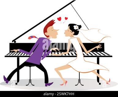Heureux couple de mariage joue du piano à quatre mains. Couple amoureux. Couple de mariage jouent du piano à quatre mains et s'embrassent. Personnages Happy Lovers Illustration de Vecteur