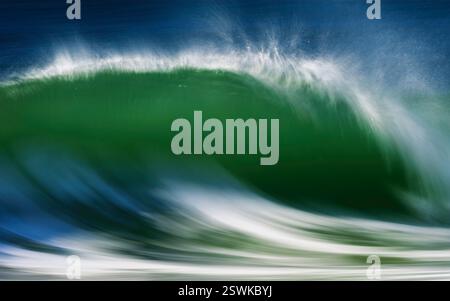 Une vague puissante à Rodeo Beach, Marin Headlands, avec des tons verts vibrants, s'écrase de façon spectaculaire, capturant l'énergie dynamique de l'océan. La motion Banque D'Images