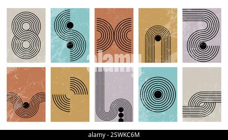 Peinture murale vintage abstraite avec des formes rayées Bauhaus. Arrière-plans géométriques rétro minimalistes ou affiches aux lignes rayées. MID cen texturé Illustration de Vecteur