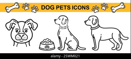Chien chiot animal de compagnie, labrador retriever chiot assis, jeune terrier debout, tête rottweiler. Bol pour aliments pour chiens. Icône de ligne de soins vétérinaires pour chiens Illustration de Vecteur