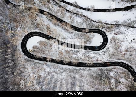 Vue aérienne à couper le souffle route sinueuse serpentant à travers le paysage hivernal, entouré d'arbres enneigés. Scène sereine et pittoresque capturant BE Banque D'Images