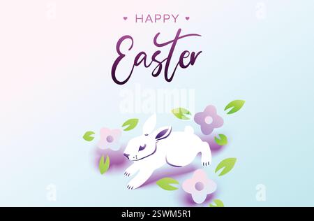 Bonne bannière lapin de Pâques. Design de Pâques à la mode avec typographie, couleurs dégradées de lumière printanière, fleurs et lapin blanc. Style minimaliste moderne Illustration de Vecteur
