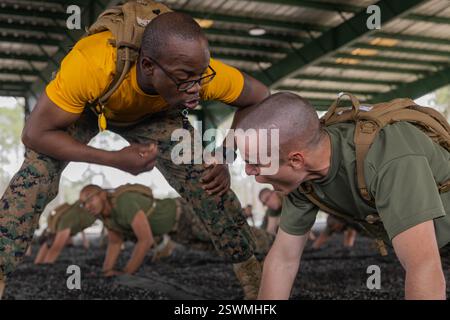 Parris Island, Caroline du Sud, États-Unis. 12 février 2025. Le sergent Orian Stephen du corps des Marines des États-Unis, instructeur de forage à la Golf Company, 2nd Recruit Training Battalion corrige le RCT. Romel Khan, une recrue de la Golf Company, 2e Bataillon d'entraînement des recrues, alors qu'il exécute des pompes à carburant sur le Marines corps Recruit Depot Parris Island, S.C. en février. 12, 2025. Pendant la formation des recrues, les recrues reçoivent un enseignement et doivent maîtriser les techniques de base d'assaut et de défense pour gagner leur ceinture bronzée grâce au MCMAP. (Crédit image : © Jacob Claudell/U.S. Marines/ZUMA Press Wire) À USAGE ÉDITORIAL EXCLUSIF ! Non destiné à UN USAGE commercial ! Banque D'Images