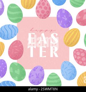 Carte de voeux oeuf de Pâques. Des œufs de Pâques colorés et dessinés à la main sont dispersés autour d'un endroit carré pour le texte. un style rétro vectoriel tendance parfait pour se Illustration de Vecteur