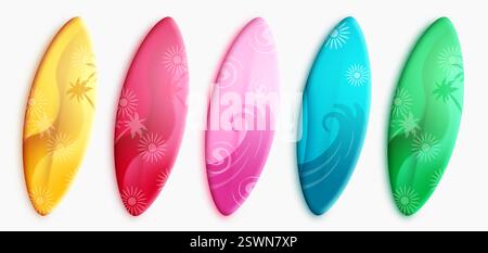 Conception d'ensemble vectoriel de planche de surf d'été. Élément de planches de surf dans des motifs colorés pour le surf d'été, les sports et la collection d'activités récréatives. Illustration de Vecteur