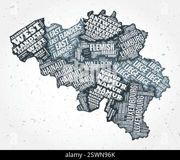 Nuages de mots pour les régions de Belgique. Forme de pays sur fond texturé. Belgique design dans un style typographique. Illustration vectorielle rétro. Illustration de Vecteur