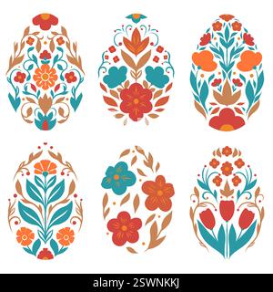 Ensemble festif de vecteur d'arts clip d'oeuf de Pâques dans le style d'art folklorique. Collection de silhouettes décoratives d'oeufs de vacances tracées. Gâteries printanières avec fleurs Illustration de Vecteur