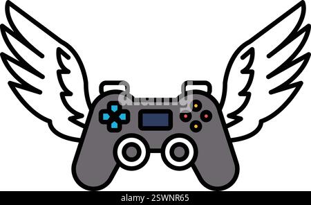 Un contrôleur de jeu vidéo avec des ailes dessus. La manette est une manette Nintendo Wii. Le contrôleur est blanc et gris Illustration de Vecteur