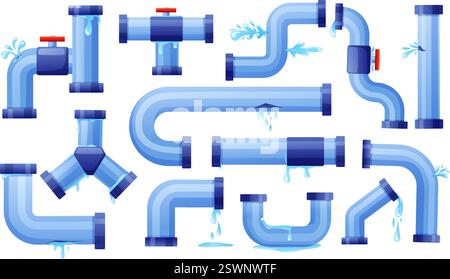 Tuyaux isolés qui fuient. Tuyau avec des gouttes d'eau et des flaques. Système industriel de dessin animé en métal ou en plastique avec des éléments cassés, goutte à goutte de nos jours vecteur Illustration de Vecteur