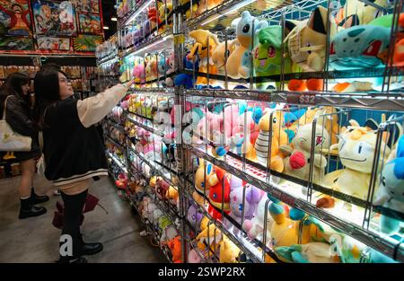 Vancouver, Canada. 21 février 2025. Les gens regardent les jouets Pok¨¦mon lors de la Fan Expo Vancouver 2025 à Vancouver, Colombie-Britannique, Canada, 21 février 2025. En tant qu’un des plus grands événements de bande dessinée, de science-fiction, d’anime et de jeu au Canada, le spectacle annuel se tient ici du 21 au 23 février. Crédit : Liang Sen/Xinhua/Alamy Live News Banque D'Images
