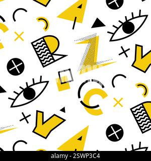 Un motif sans couture dans le style Memphis, composé de diverses formes géométriques. Illustration de Vecteur