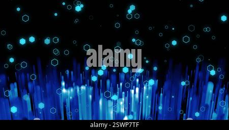 Des formes hexagonales et des lignes verticales apparaissent sur un fond sombre Banque D'Images