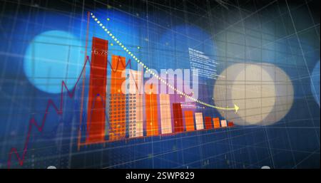 Graphiques à barres et linéaires avec points de données sur fond bleu et orange Banque D'Images