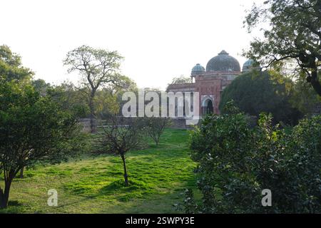 L'après-midi, la lumière du soleil dans les jardins qui font partie du complexe de tombes de Humayun de l'ère moghole, une attraction majeure dans la capitale indienne Delhi Banque D'Images