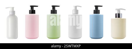Une gamme de flacons à pompe cosmétiques tendance et colorés qui sont parfaits pour une large gamme de maquettes de produits de beauté et de soins de la peau isolées sur blanc Banque D'Images