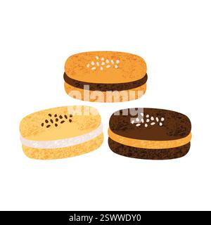 Délicieux dessert macarons. Pâtisserie française aux macarons sucrés, assortiment de biscuits meringues fourrés de crème au chocolat. Collation de boulangerie gastronomique de dessin animé. Vecteur Illustration de Vecteur