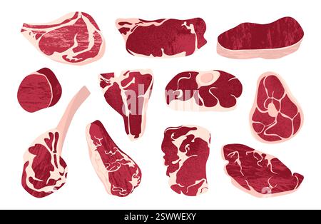 Éléments de viande crue. Dessins animés de produits de bœuf frais, côtes de steak tranchées, baguette de cuisse d'aloyau, ingrédients de barbecue. Ensemble isolé de vecteur Illustration de Vecteur