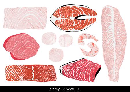 Produits de la mer. Produits frais de fruits de mer pour le menu du restaurant, caricature saumon truite thon, crevettes Saint-Jacques ingrédients de morue. Ensemble de vecteurs Illustration de Vecteur