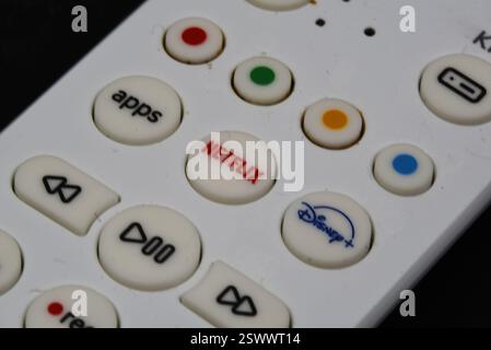 Den Helder, pays-Bas. Gros plan d'une télécommande avec accès direct à Netflix. Photo de haute qualité Banque D'Images