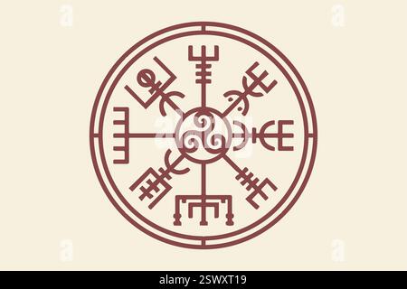 Vegvisir ancienne boussole de navigation et Triskele, signe celtique magique dessiné à la main. Les Vikings ont utilisé de nombreux symboles conformément à la mythologie nordique Illustration de Vecteur