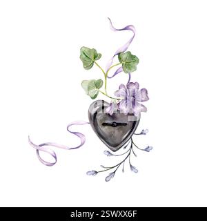Composition d'aquarelle avec serrure vintage en forme de coeur, feuilles de lierre, Banque D'Images