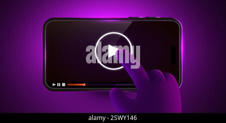 Main touchant l'interface utilisateur du lecteur vidéo mobile. Regarder la télévision en ligne sur l'appareil. Illustration vectorielle Illustration de Vecteur