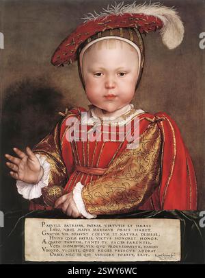 HOLBEIN, Hans le jeune (né en 1497, Augsbourg, décédé en 1543, Londres) Portrait d'Édouard, Prince de Galles c. 1539 huile sur chêne, 57 x 44 cm National Gallery of Art, Washington Édouard VI (1537-1553), roi d'Angleterre et d'Irlande de 1547 à 1553, était le seul fils légitime du roi Henri VIII ; sa mère, troisième épouse d'Henri VIII, Jane Seymour, est décédée 12 jours après sa naissance. Bien qu'Edward ait traditionnellement été considéré comme un enfant fragile qui n'a jamais été en bonne santé, certaines autorités récentes ont maintenu que jusqu'à plusieurs années avant sa mort, il était un jeune robuste et sportif. Ses tuteurs se trompent Banque D'Images