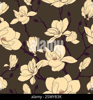 Motif floral sans couture avec fleurs jaunes de magnolia Liliiflora, feuilles et branches. Thème vintage vectoriel avec des fleurs japonaises pour le tissu, les impressions, les cartes de voeux. Concept de mode printanière. Botanique. Illustration de Vecteur