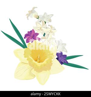Bouquet de fleurs printanières lumineuses. Jacinthes colorées vectorielles et jonquille jaune sur fond blanc. Les primroses dans le style de dessin animé conviennent aux cartes de voeux pour la fête des mères et la fête des femmes. Illustration de Vecteur