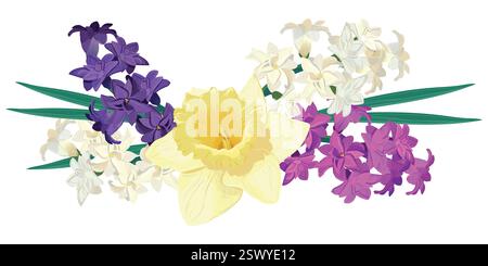 Composition de fleurs printanières lumineuses. Jacinthes colorées vectorielles et jonquilles jaunes sur fond blanc. Les primitives dans un style de dessin animé conviennent aux cartes de voeux pour la fête des mères et la fête des femmes Illustration de Vecteur