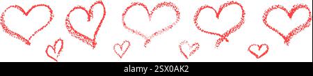 Ensemble de signes de coeurs de contour rouge dessinés par crayon de cire. Symboles d'amour dans le style doodle. Collection d'éléments d'enfant dessinés à la main pour la carte de saint-valentin ou la roche Illustration de Vecteur