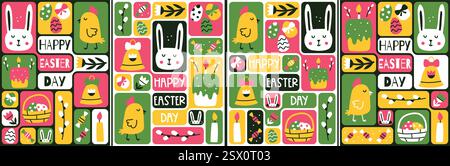 Ensemble de cartes de joyeuses Pâques. Fond géométrique, cartes de vœux, couvertures de flyer. Grille Bento. Illustration vectorielle avec des éléments dessinés à la main Illustration de Vecteur