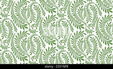 Motif de fougère verte sans couture sur un fond blanc. Motif élégant de feuilles de fougère de la nature avec des feuilles tourbillonnantes, parfait pour les textiles, le papier peint, et Illustration de Vecteur