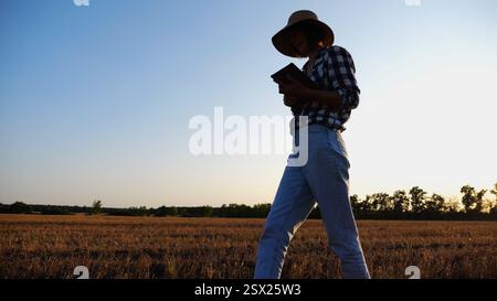Agronome féminin à l'aide de la tablette numérique tout en va parmi la prairie de blé au coucher du soleil. Agriculteur surveillant la récolte tout en marchant au champ d'orge. Magnifique Banque D'Images
