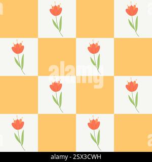 fond sans couture à carreaux avec des coquelicots. motif floral groovy tendance. Illustration de Vecteur